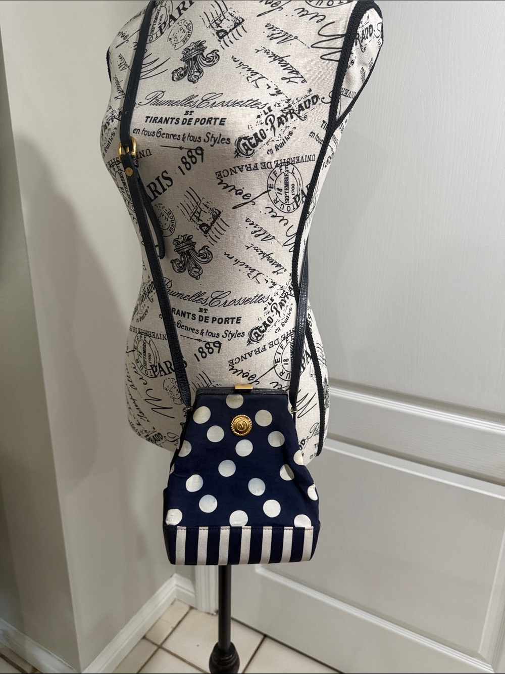 VTG 1980s Albert Nipon Navy Blue & White Polka Dot Striped Crossbody Bag
